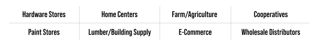 Paint Stores, Hardware Stores, Cooperatives, Home Centers, Farm/Agriculture, Building Supply, E-Commerce, Two-Step Distributors