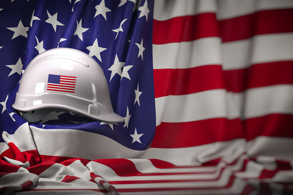 us government concept imagery - american flag and hardhat