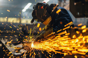 metal worker grinding, sparks flying
