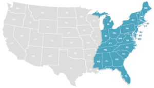 Map of US with East Coast highlighted